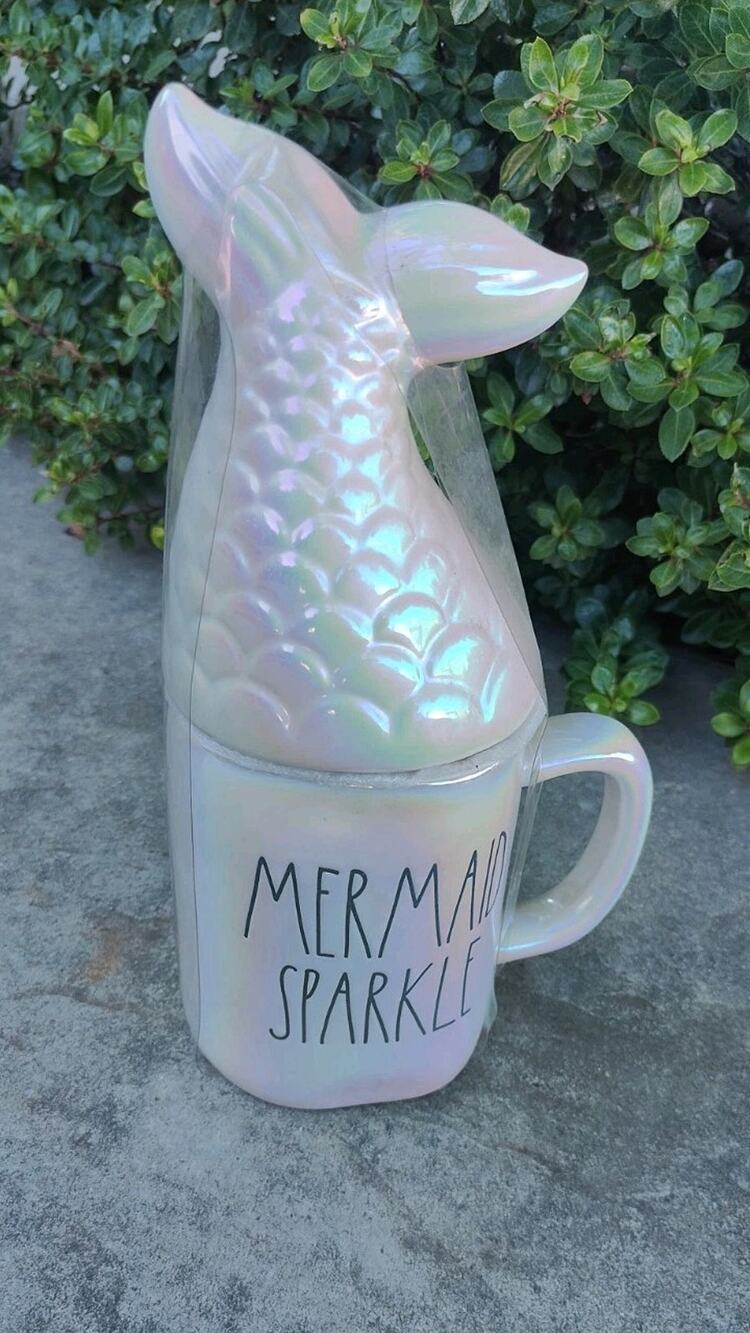 Rae Dunn MERMAID SPARKLE Iridescent Mug With Mermaid Tail Lid Pink Blue NWT
